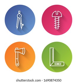 Set line Drawing compass, Metallic screw, Wooden axe and Corner ruler. Color circle button. Vector