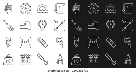 Set-Line-Zeichenkompass, Mikrometer, Diagonalmessung, Protraktor, Messgerät, Laserentfernungsmessgerät, Smart-Uhr und Druckwassersymbol. Vektorgrafik