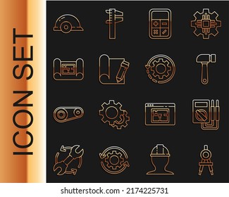 Set Line Drawing Compass, Multimeter, Hammer, Calculator, Graphing Paper And Pencil, House Plan, Worker Safety Helmet And Gear Arrows Workflow Icon. Vector