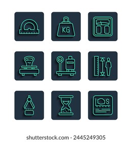 Set line Drawing compass, Old hourglass with sand, Area measurement, Bathroom scales, Scale suitcase, Scales, Protractor and Measuring height body icon. Vector