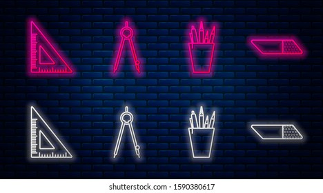 Set line Drawing compass, Pencil case stationery, Triangular ruler and Eraser or rubber. Glowing neon icon on brick wall. Vector