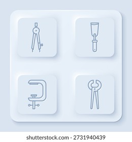 Set line Drawing compass, Putty knife, Clamp and screw tool and Pincers and pliers. White square button. Vector