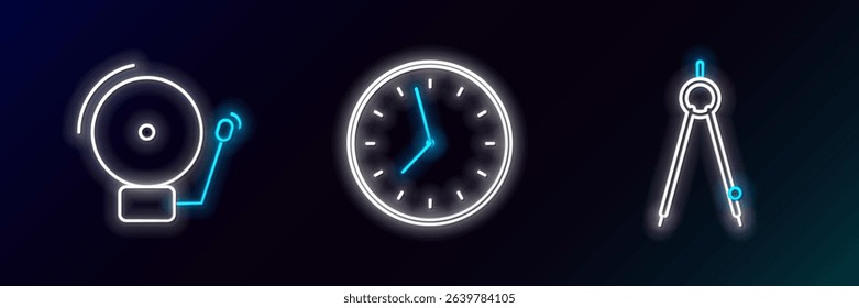 Set line Drawing compass, Ringing alarm bell and Clock icon. Glowing neon. Vector