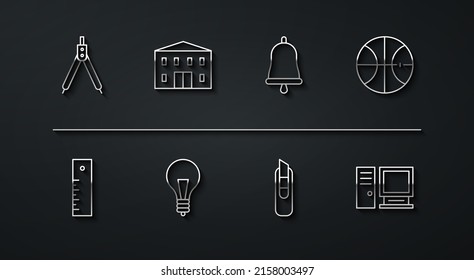 Set line Drawing compass, Ruler, Basketball ball, Stationery knife, Light bulb with concept of idea, School building, Computer monitor and Ringing bell icon. Vector