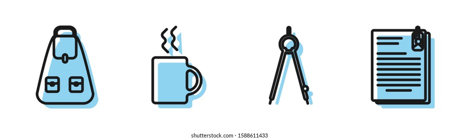 Set line Drawing compass, School backpack, Coffee cup and File document and paper clip icon. Vector