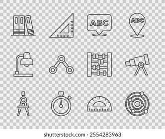 Set line Drawing compass, Solar system, Alphabet, Stopwatch, Office folders, Molecule, Protractor and Telescope icon. Vector