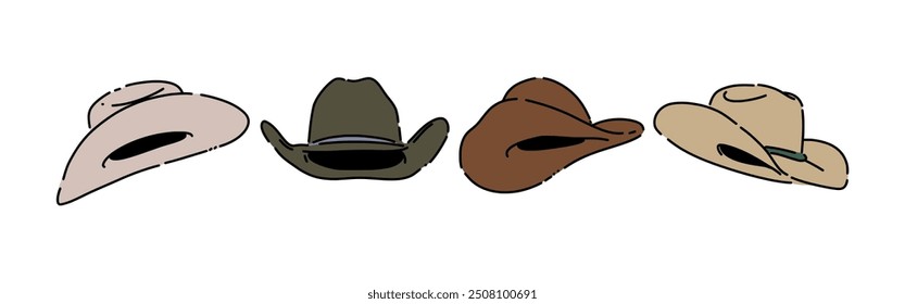 Set line drawing of cowboy hat. Isolated on white background. Colored vector illustration.