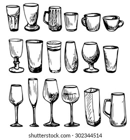 set of line drawing cups and wineglasses, hand drawn vector illustration