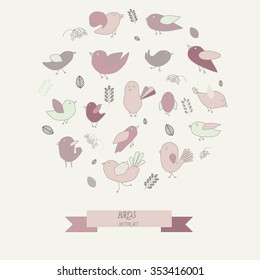 Set of line drawing cute birds 