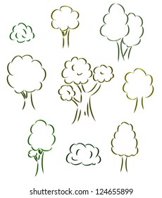 Set of line drawing deciduous trees (vector)