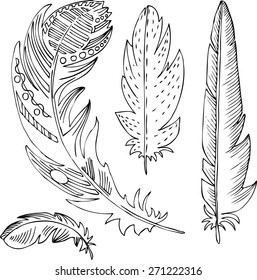 conjunto de plumas decorativas de dibujo de línea, ilustración vectorial dibujada a mano