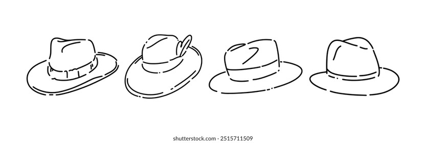 Definir desenho de linha de chapéu fedora, panamá. Isolado no fundo branco. Ilustração vetorial.