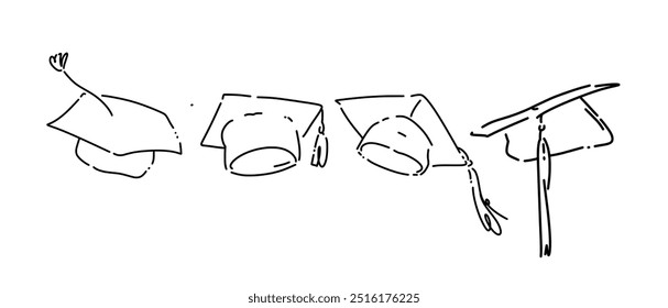 Establecer dibujo de línea de la tapa de graduación. Aislado sobre fondo blanco. Ilustración vectorial.