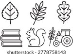A set of line drawing icons depicting leaves, books, a squirrel, and a tractor on a white background.