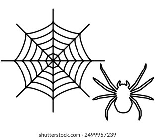 Set of line drawing illustration of spider and spider web