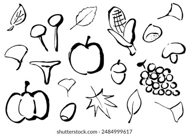 Set of line drawing illustrations of autumn image with brush touch