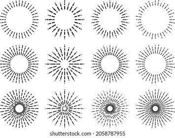 Set of line drawing illustrations of radial circular light