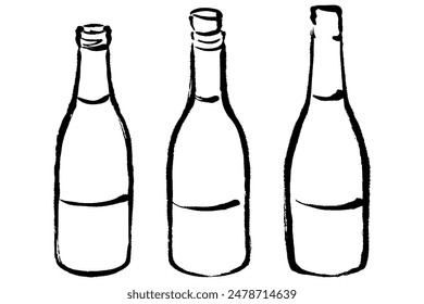 Conjunto de líneas dibujando ilustraciones de tres botellas de champán