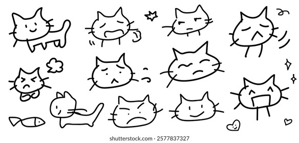 set of line drawing illustrations of various expressions of cute cats