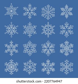 Set of line drawing illustrations of white snowflakes.