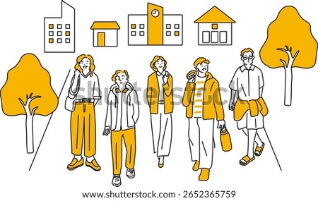 Set of line drawing illustrations of young people relaxing in a city, college, or campus. The figures are painted white. 