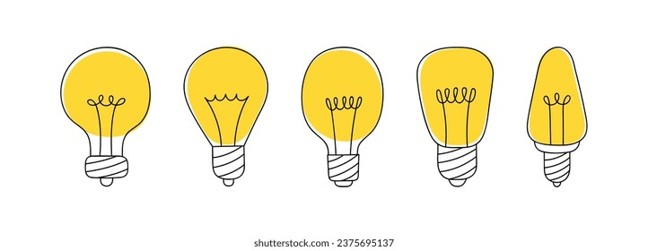 Set of line drawing light bulbs which glowing. Linear light bulbs drawn by hand. Concept of idea, creativity, innovation and invention. Doodle vector graphic design.