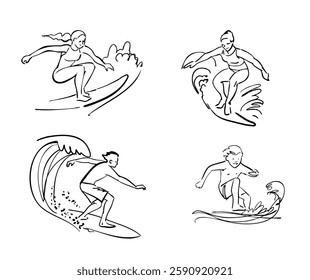 Set line drawing of man, woman, boy going surfing