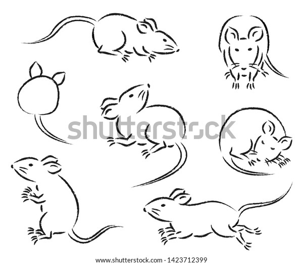 線描画マウスのイラストのセット 動きやポーズ 走る 立つ 前 後ろ 寝る 側面を見ながら座るさまざまな動きやポーズ のベクター画像素材 ロイヤリティフリー
