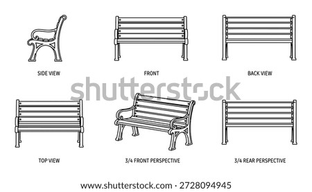 Set of line drawing park bench in different views such as side, front, back, perspective for design project element