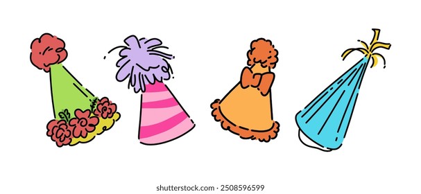 Set line drawing of party hat, birthday hat. Isolated on white background. Colored vector illustration.
