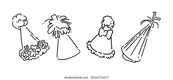 Set line drawing of party hat, birthday hat. Isolated on white background. Vector illustration.