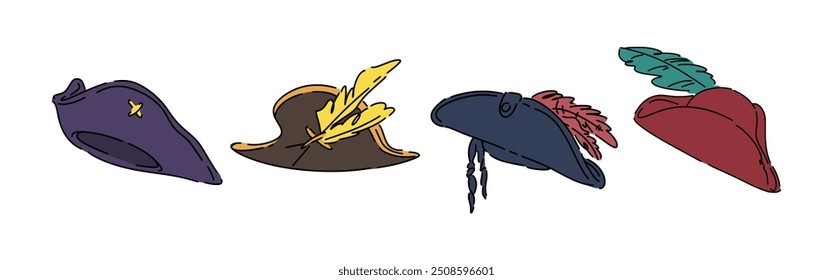 Set line drawing of pirate hat. Isolated on white background. Colored vector illustration.