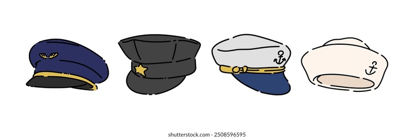 Set line drawing of police hat, sailor cap, pilot hat. Isolated on white background. Colored vector illustration.