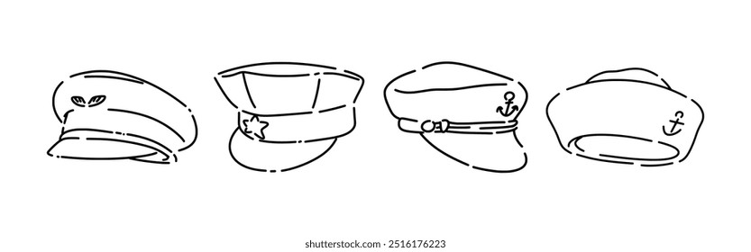 Set line drawing of police hat, sailor cap, pilot hat. Isolated on white background. Vector illustration.