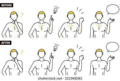 Set of line drawing poses of a man suffering from thick body hair, talking, questioning, inspiration, guts pose