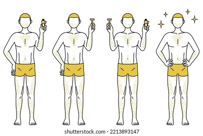 Conjunto de poses de dibujo de línea de un hombre que padece pelo grueso, que sostiene crema de eliminación de pelo autotratada o navaja