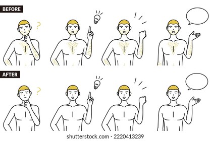 Set of line drawing poses of a man suffering from thick body hair, talking, questioning, inspiration, guts pose