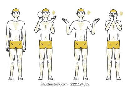 Set of line drawing poses of a man suffering from thick body hair, poses of a man suffering from hairy body