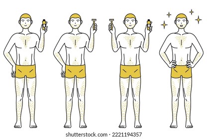 Set of line drawing poses of a man suffering from thick body hair, holding self-treatment hair removal cream or razor