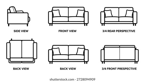 Conjunto de sofás de desenho de linha em diferentes visualizações, como lado, frente, trás, perspectiva para elemento de projeto de design