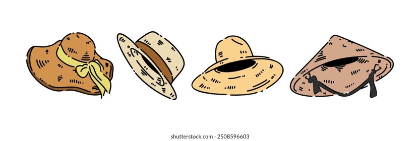 Set line drawing of straw hat, sun hat, farmer hat. Isolated on white background. Colored vector illustration.