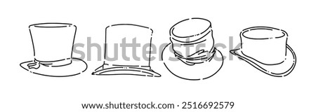 Set line drawing of top hat, magician cap. Isolated on white background. Vector illustration.