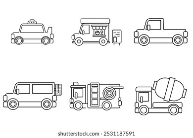 Conjunto de linha desenhando ícones vetoriais de veículos, carros, táxis, food trucks