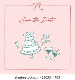 a set of line drawing wedding elements, cake and cocktail, hand-drawn style, invitation
