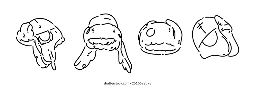 Set line drawing of winter trapper hat, earflaps, ushanka. Isolated on white background. Vector illustration.