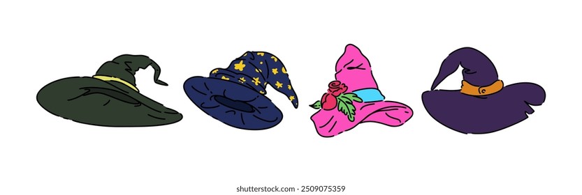 Set line drawing of witch hat, wizard hat. Isolated on white background. Colored vector illustration.