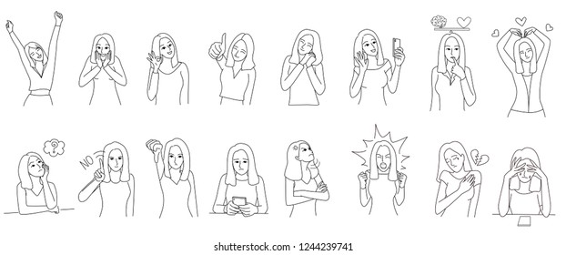 Set of  line drawing of woman character in deferent emotions. Borderline Personality Disorder, emotion controlling concepts. For illustration, presentation, story telling and coloring book.