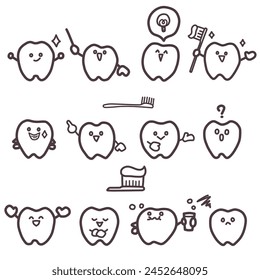 A set of line drawings of characters with deformed teeth in various expressions and poses.