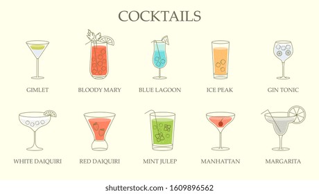 Set of line drawings of different cocktails in assorted shaped glasses with explanatory text below over an off white background. Vector illustration