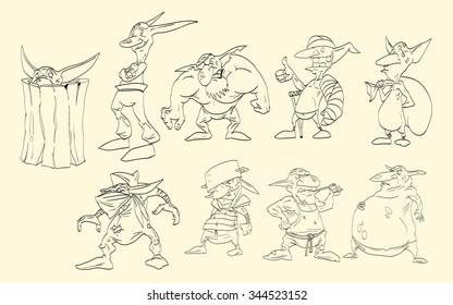 A set of line drawings of different goblin ( or troll ) characters. Vector Illustrations